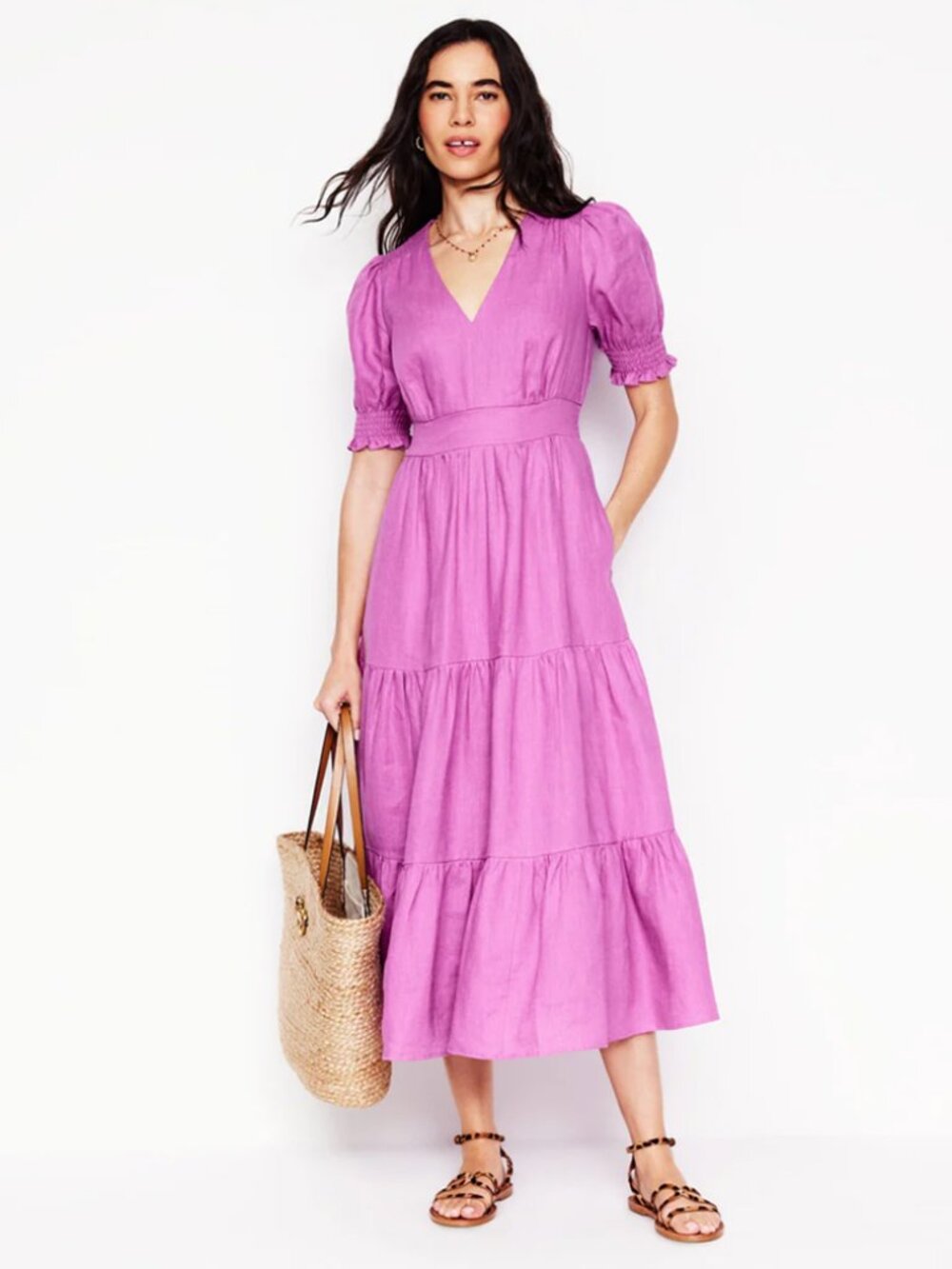 Boden Anna Linen Tiered Midi Dress in Foxglove Purple Pink size 10R